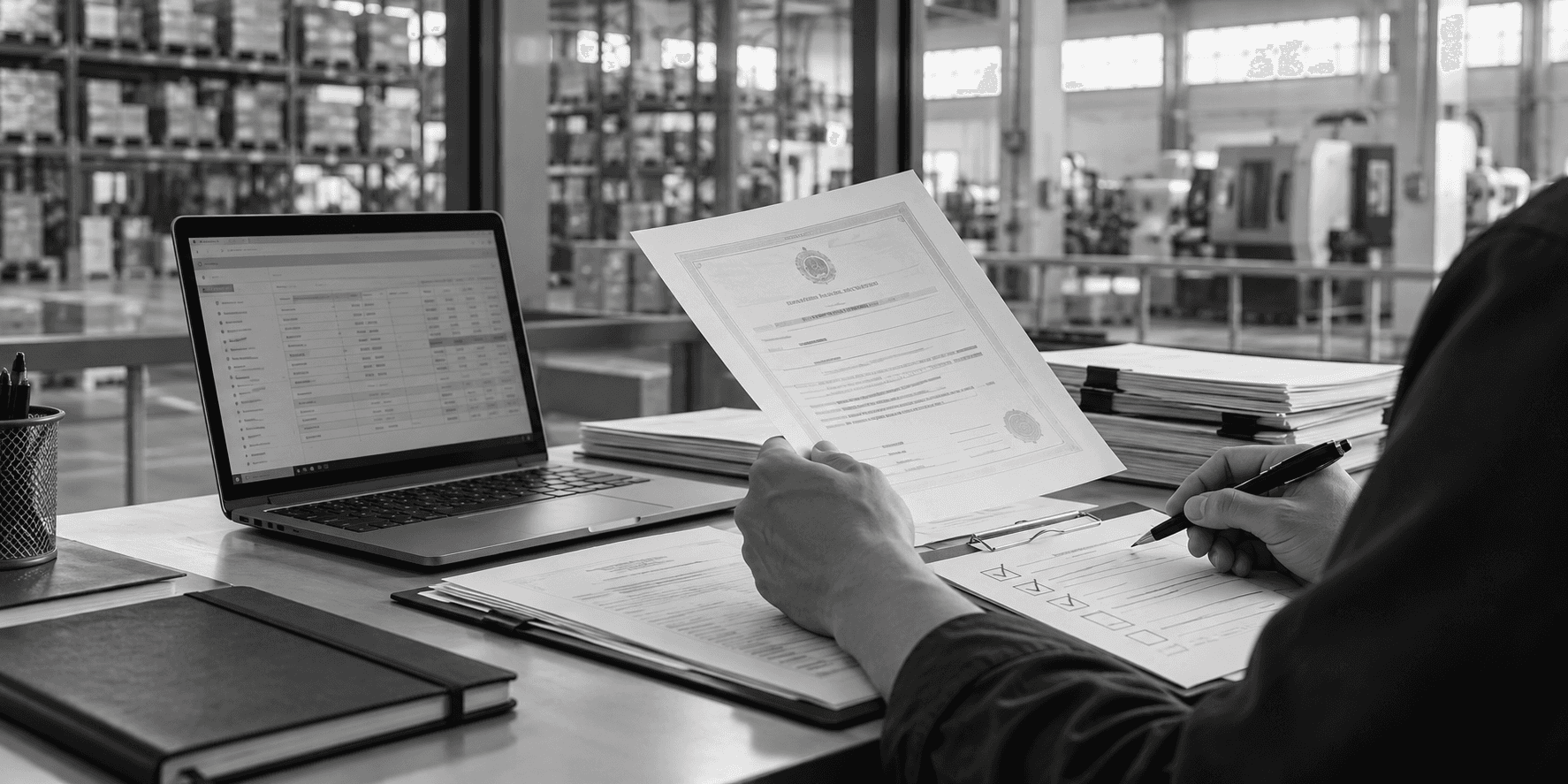 Supplier inspector reviewing a checklist between warehouse shelves